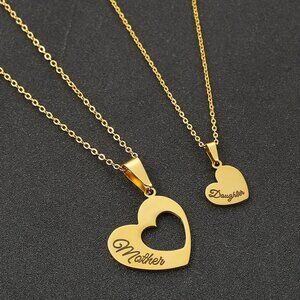 Gold Mother Daughter Heart Necklace Set, Jewelry Pendant Mothers Day Gift